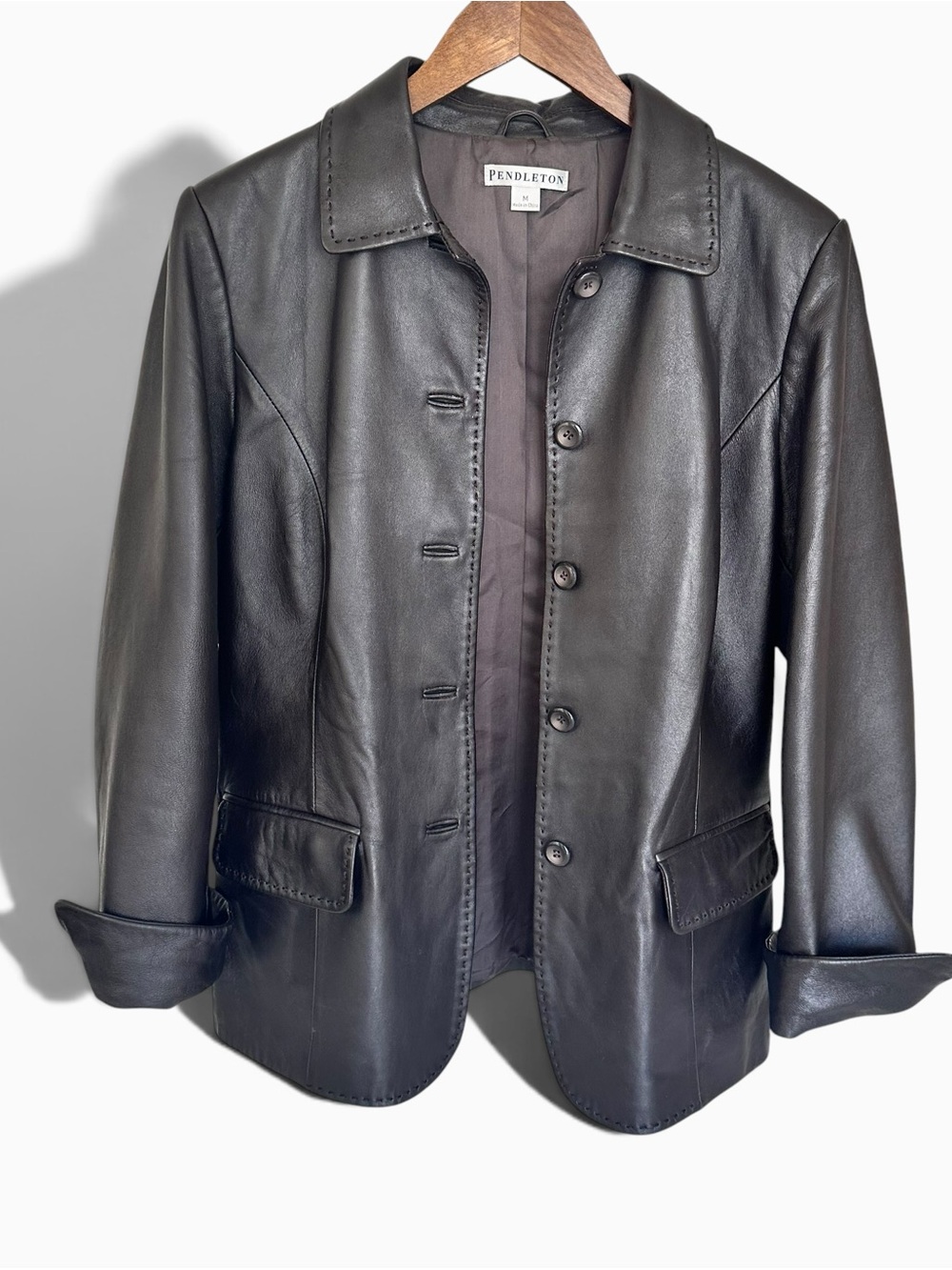 Pendleton Vintage Black Leather Button Up Jacket Minimalist Matrix Y2K Coat